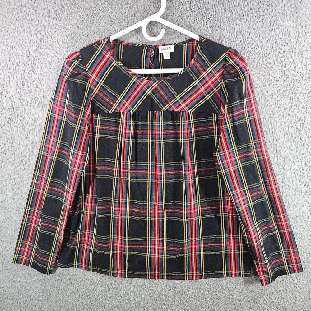J.Crew Women Black Red Green Plaid Organic Cotton Blouse Top Size M Long Sleeve
